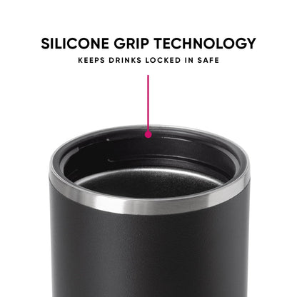 Dark charcoal gray Ranger can cooler with silicone grip texture, metallic silver rim band, and magenta accent line pointing to feature. Text reads "Silicone Grip Technology Keeps Drinks Locked In Safe." White background.