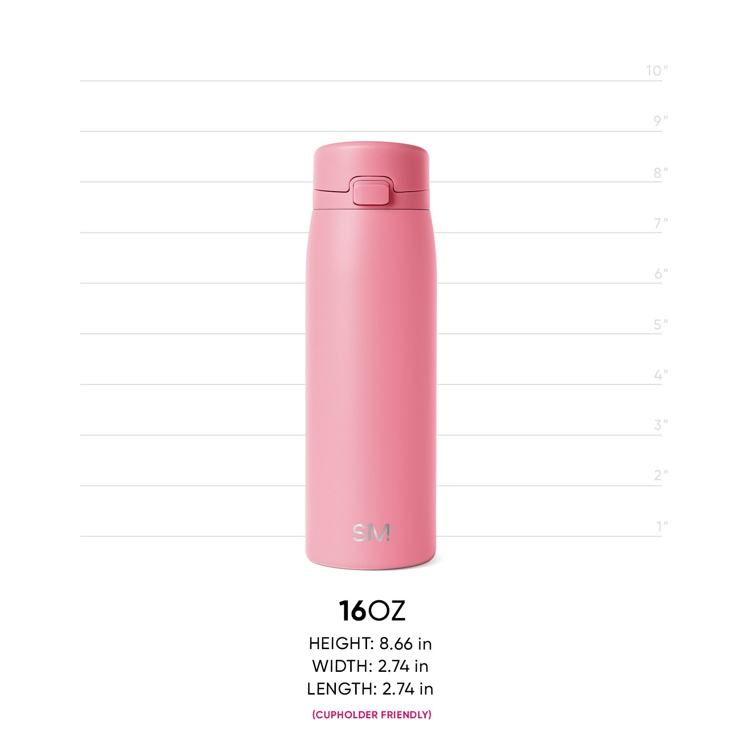 Soft dusty pink tumbler with white text on neutral gray background, featuring metallic accents