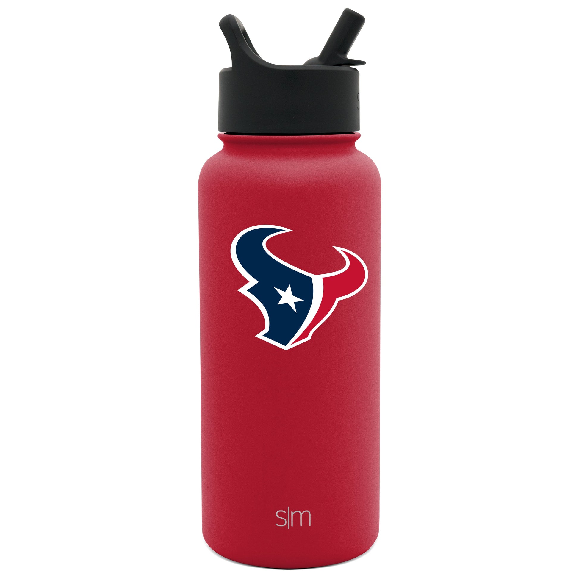 Red stainless steel water bottle with black matte cap and straw lid