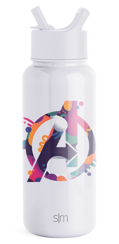 White Simple Modern insulated water bottle with push-button spout cap against white background