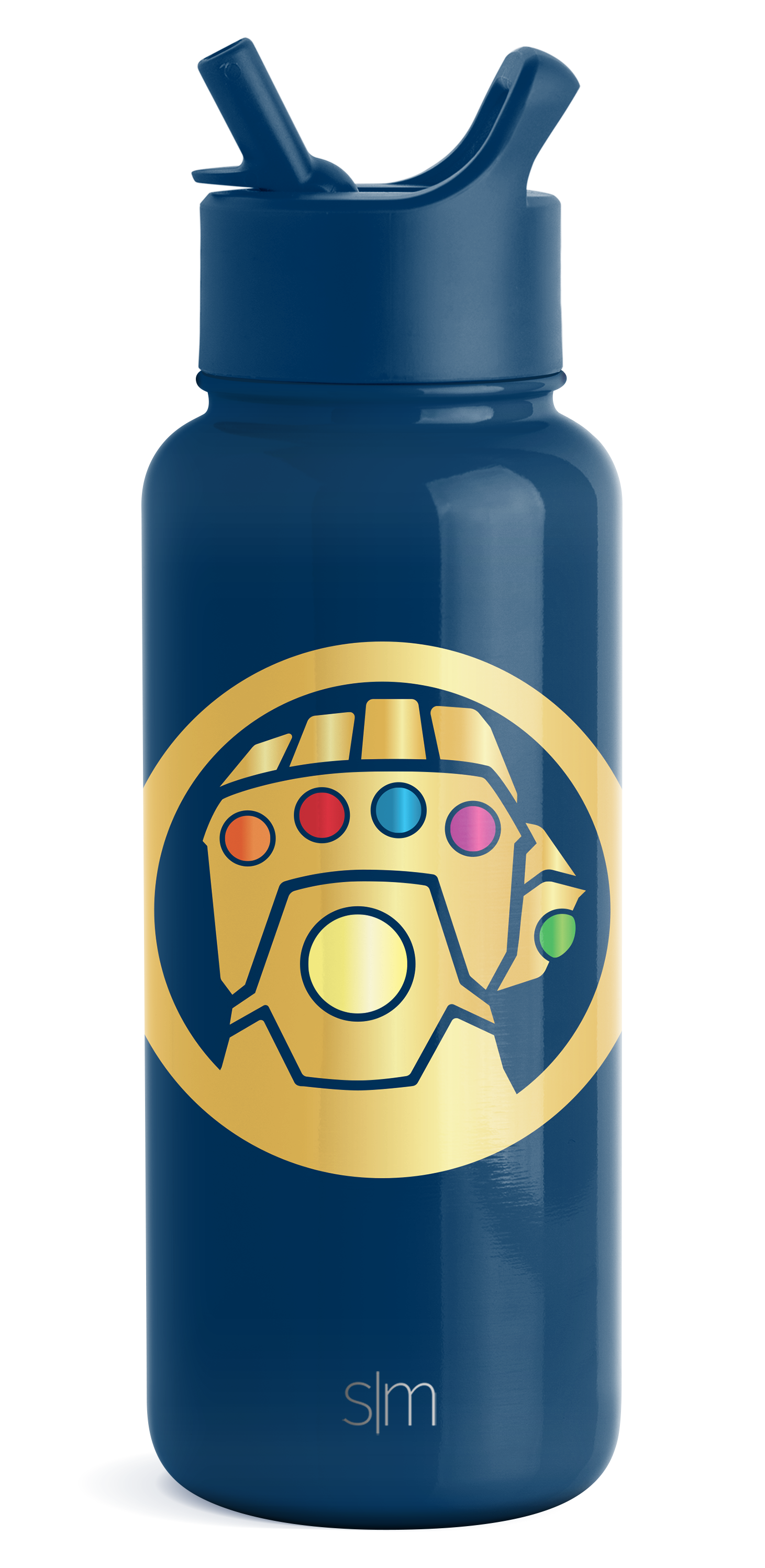 Deep navy blue water bottle with bright golden yellow circular graphic on front center, outlined in navy
