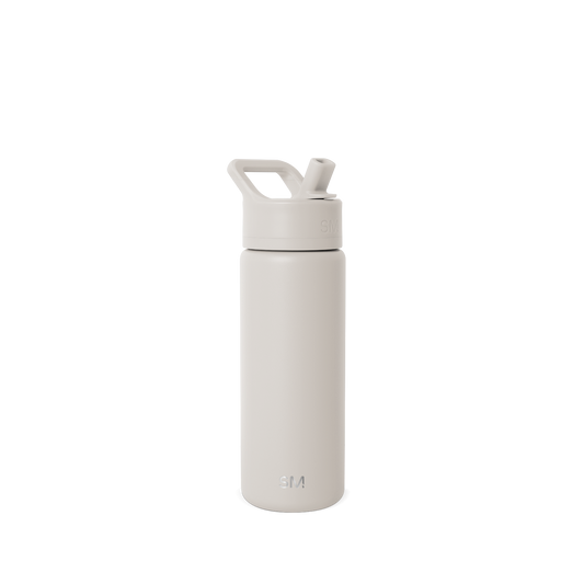 Cream-colored water bottle with matching cap on white background