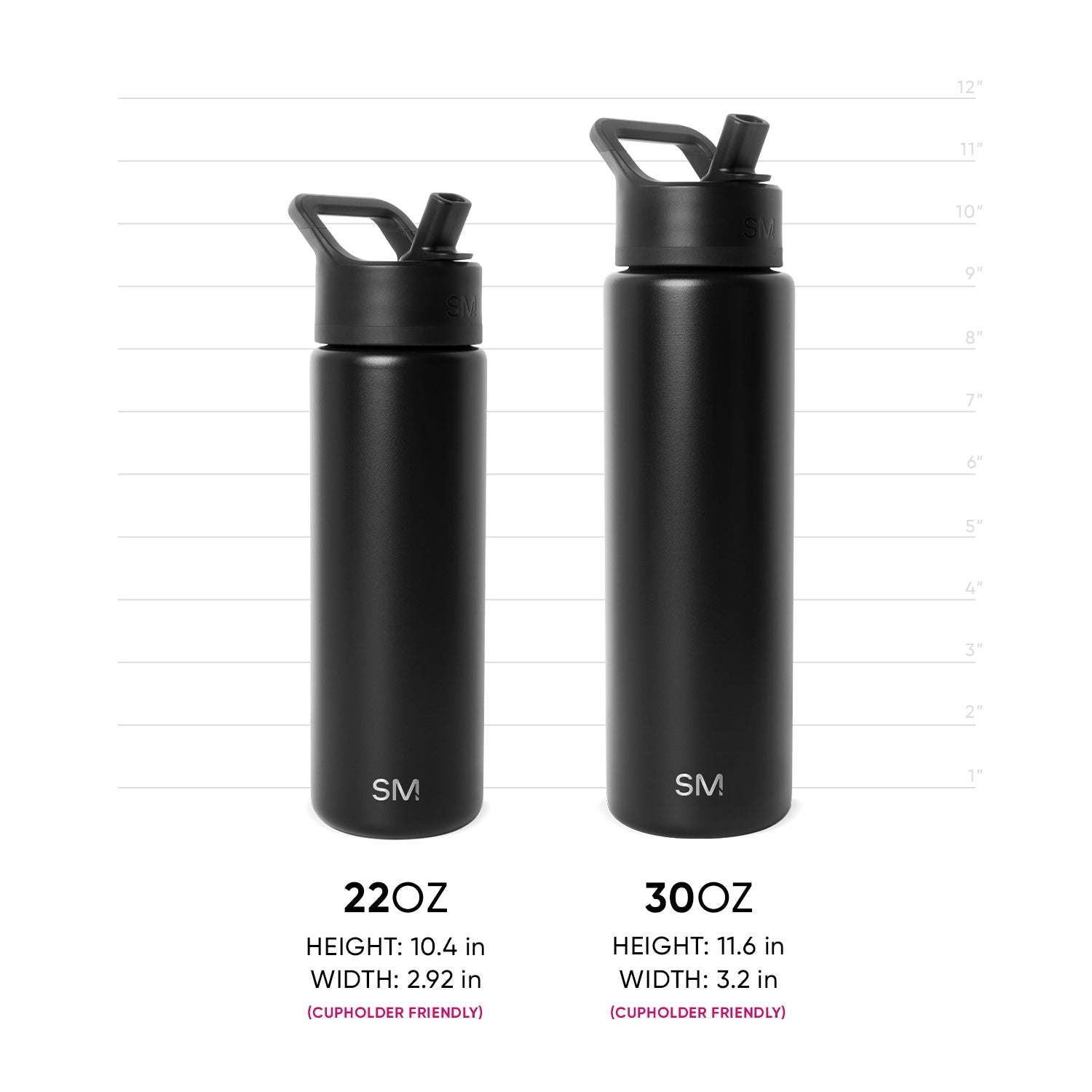 Two matte black Simple Modern insulated water bottles displayed side-by-side with measurement scale. 22oz bottle on left is 10.4 inches tall; 30oz bottle on right is 11.6 inches tall. Both feature white SM logo, flip-cap
