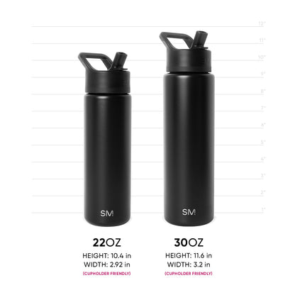 Two matte black insulated water bottles side by side with measurement grid. Left: 22OZ bottle, 10.4" height x 2.92" width. Right: 30OZ bottle, 11.6" height x 3.2" width. Both feature flip-top caps and SM logo. Cupholder