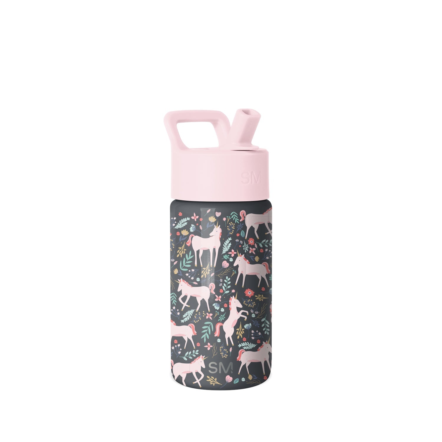 Simple Modern insulated water bottle with pale pink spout cap and charcoal body featuring colorful botanical and animal illustrations in blush, sage green, mustard, and coral tones.