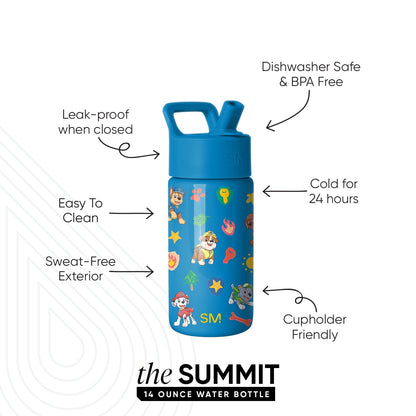 Simple Modern blue water bottle with Paw Patrol characters, labeled with features: leak-proof lid, dishwasher safe, keeps drinks cold 24 hours, cupeholder friendly, easy to clean, sweat-free exterior.