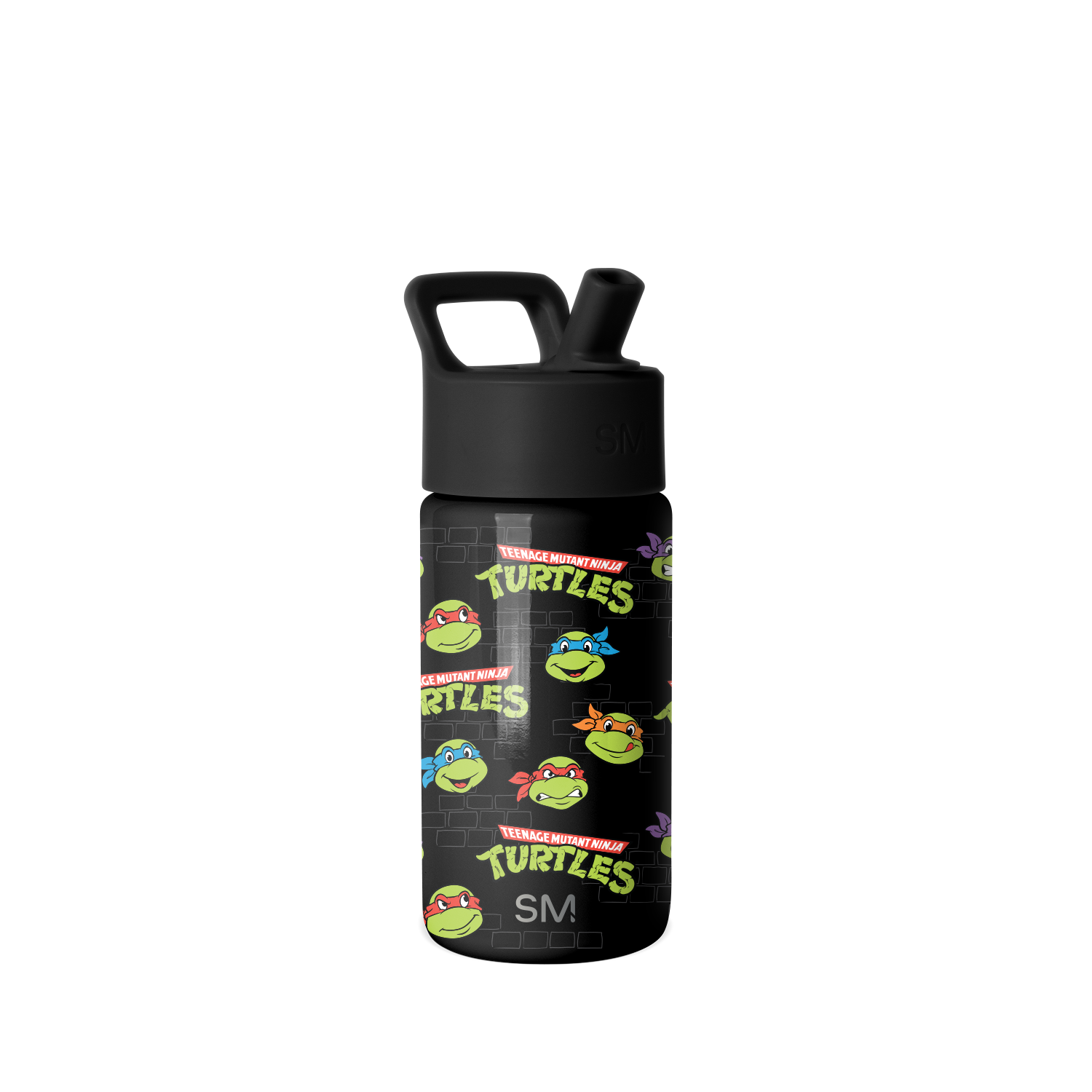 Simple Modern water bottle with Teenage Mutant Ninja Turtles character artwork featuring four turtle heads in red, blue, orange, and purple masks on black background with carrying handle and pop-top spout.