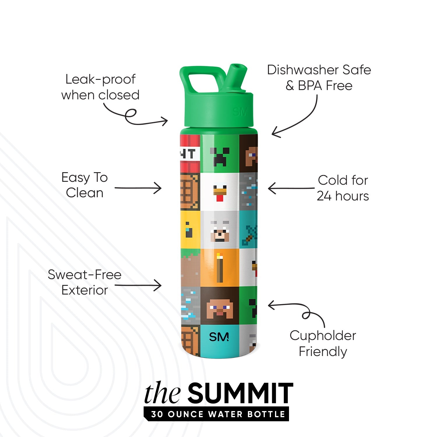 Simple Modern Summit 30-ounce water bottle with Minecraft-themed pixel art design in green, brown, and red. Green carry handle and cap. Features labeled: leak-proof, dishwasher safe, keeps drinks cold 24 hours, cupholder