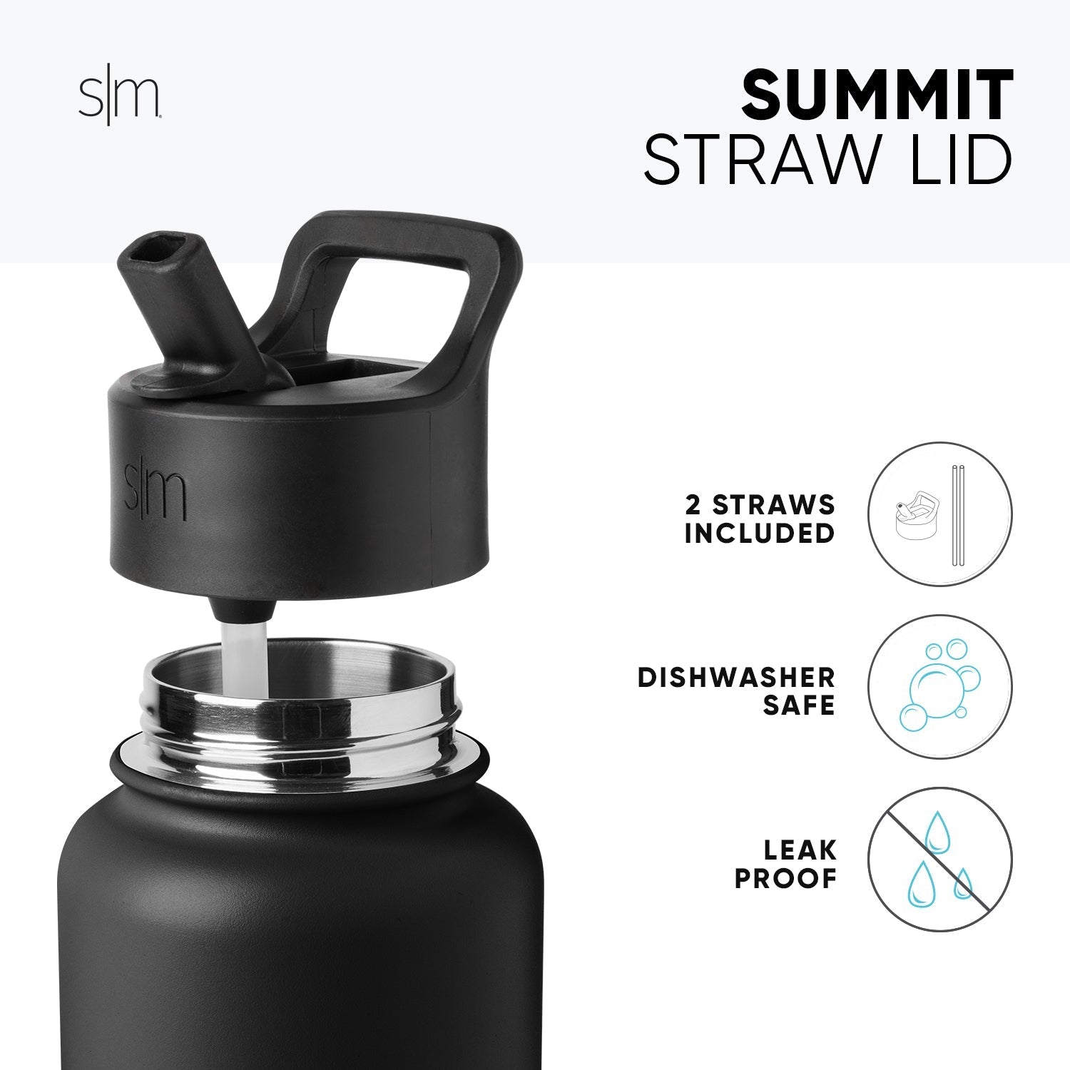 Matte black reusable straw lid with silver-gray metallic band and top, shown against white background