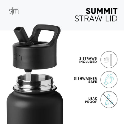 Black reusable straw lid with stainless steel metal band and handle, designed to fit beverage bottles