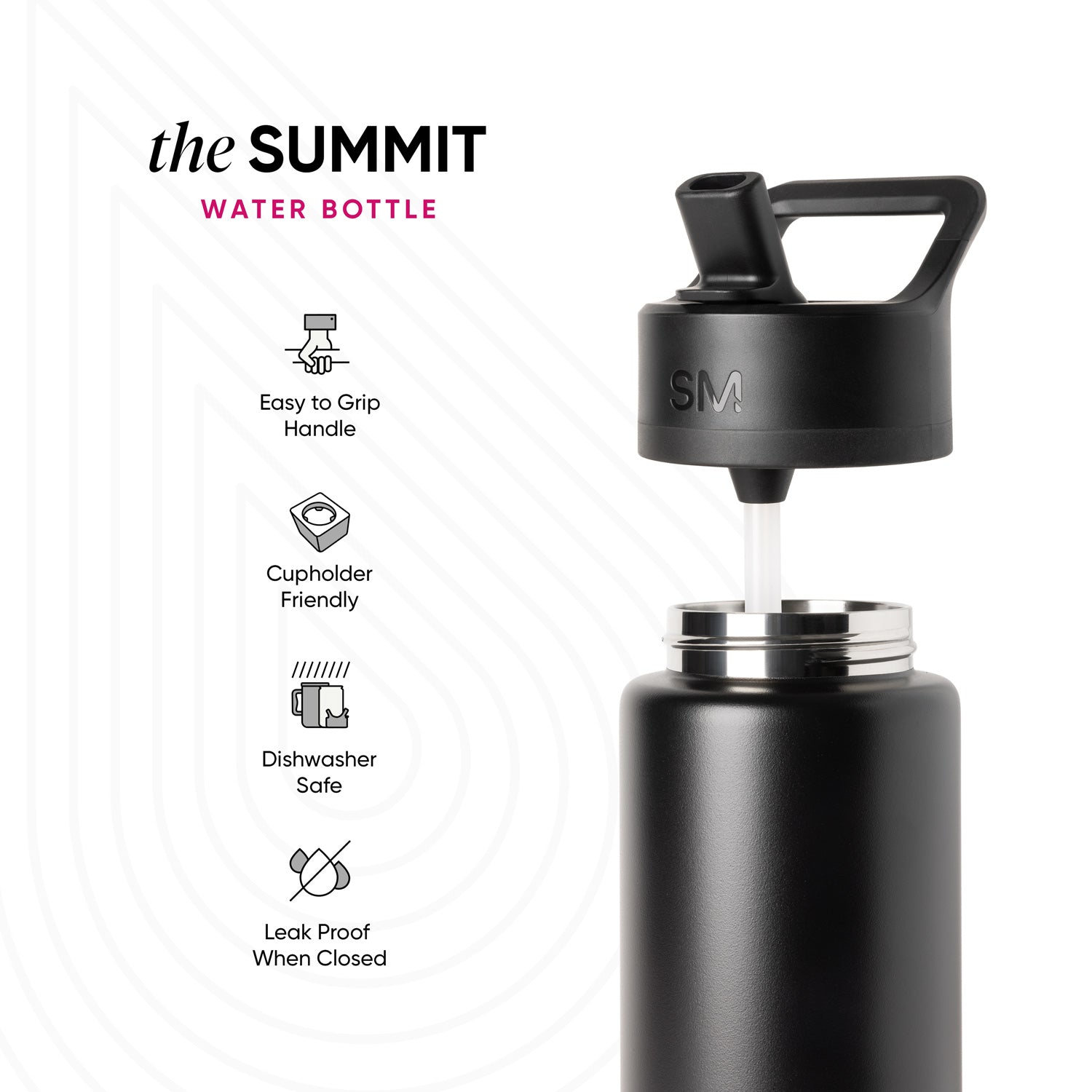 Simple Modern Summit Water Bottle in matte black with metal band, shown at angle against gray background. Features easy grip handle, cupholder friendly design, dishwasher safe, and leak proof construction.