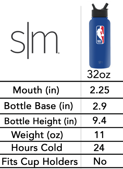 Royal blue water bottle with NBA branding in red and white, displaying measurement markings and product details on white background.