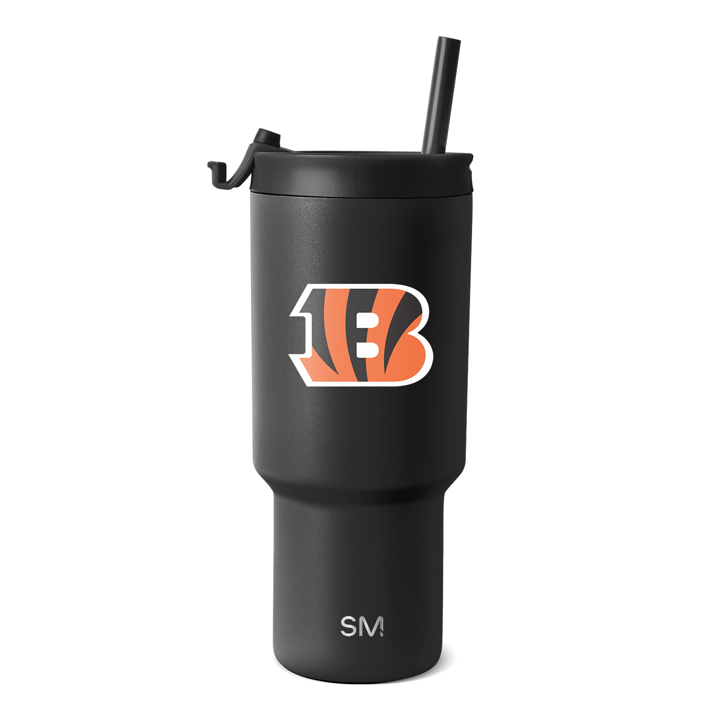 Matte black tumbler with orange and white accents on white background