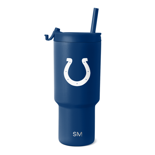 Navy blue insulated tumbler with matching lid and straw, white accents, front view on white background