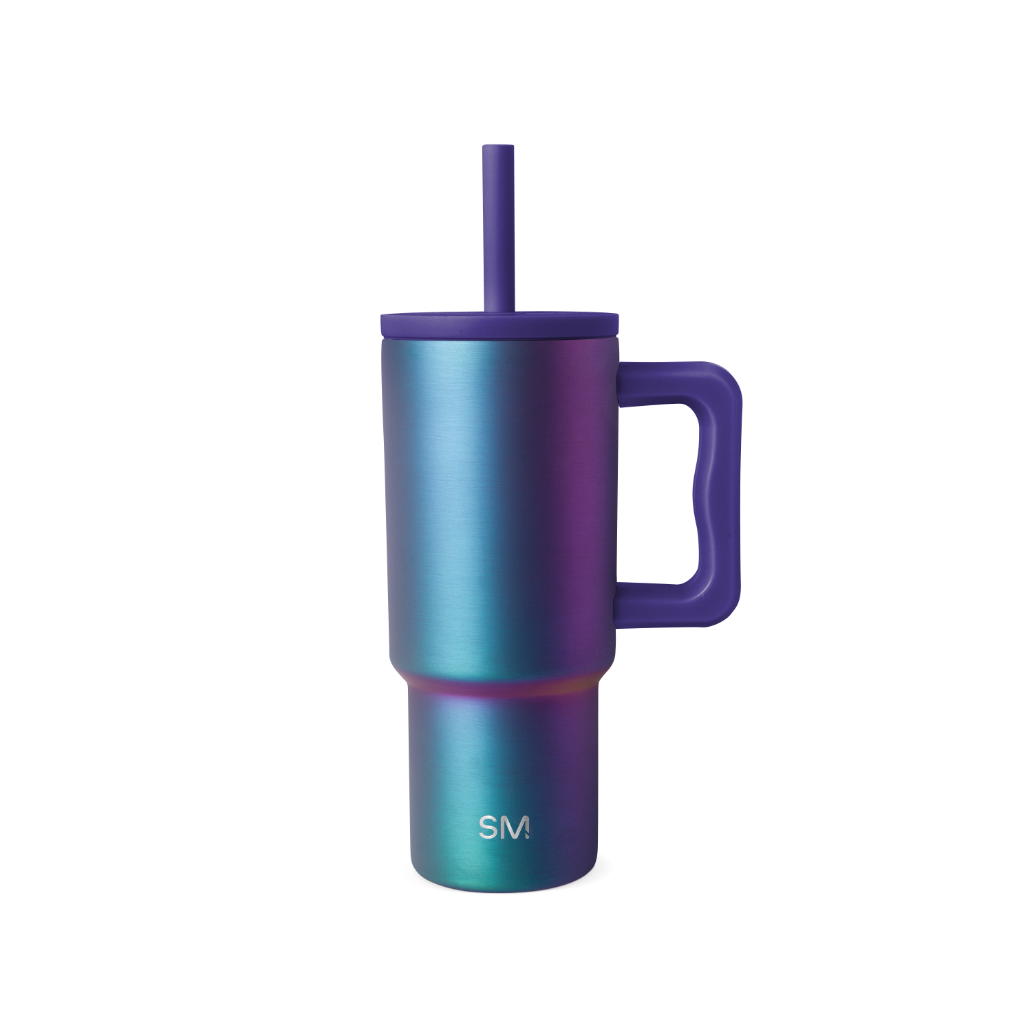 Stainless steel tumbler with handle and reusable straw, iridescent color-shift finish transitioning from turquoise to purple and blue.