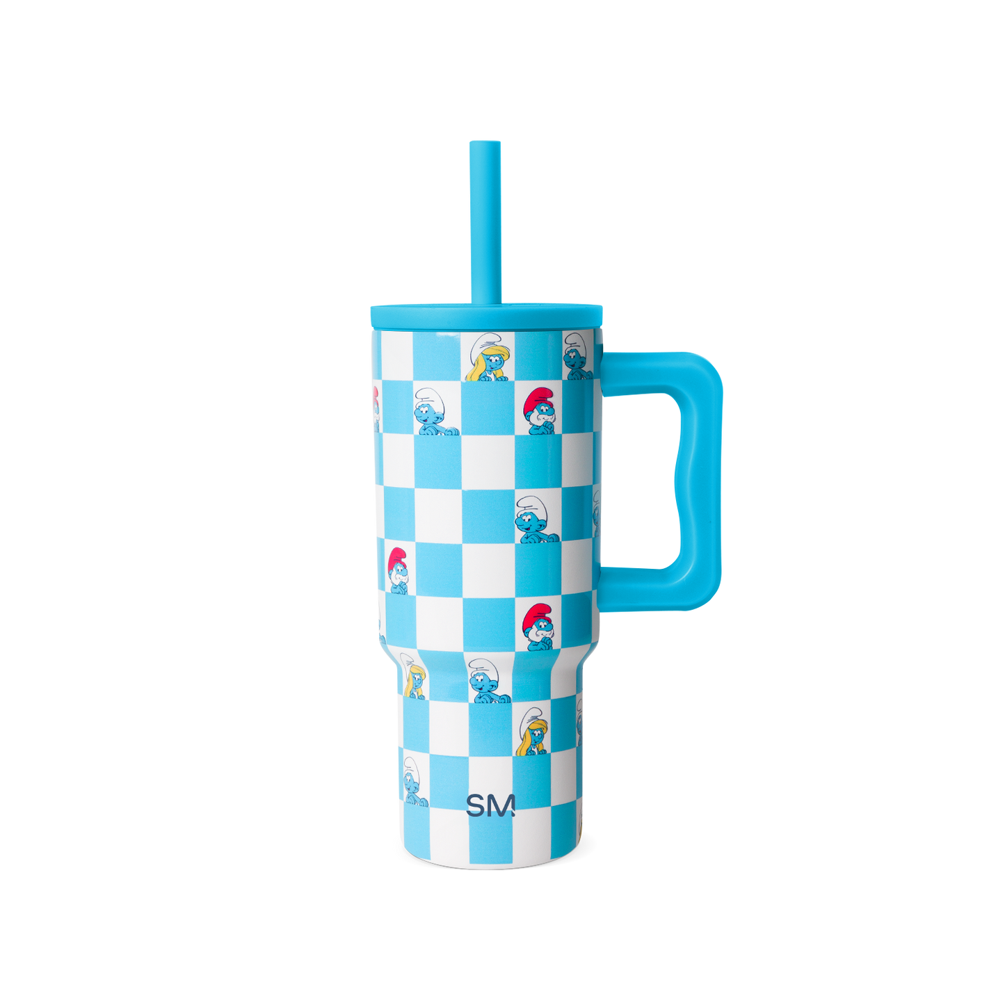 Turquoise blue and white checkerboard tumbler with matching turquoise handle, lid, and straw.