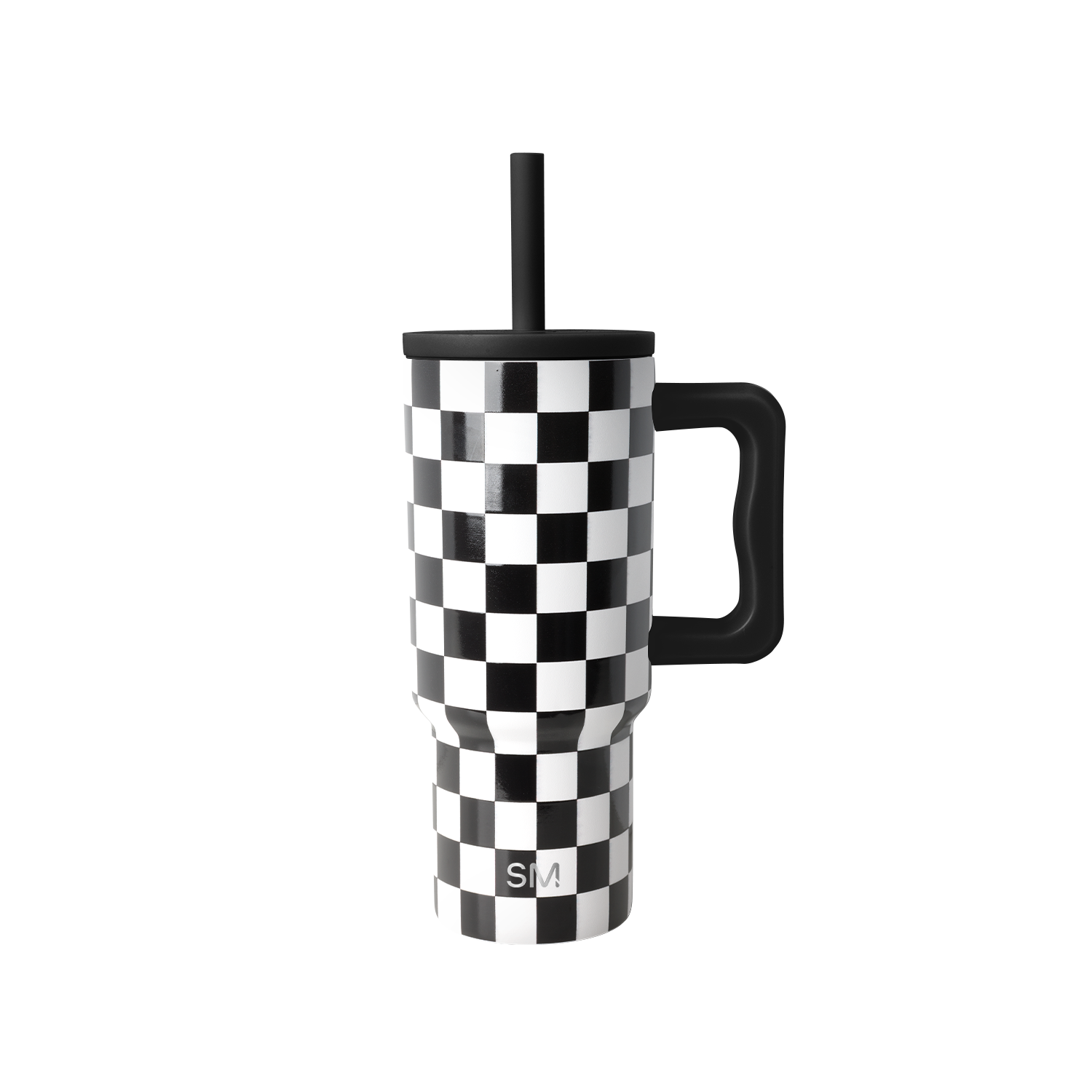 Black and white checkerboard travel tumbler with black handle, lid, and straw. Simple Modern logo visible on front. Studio product photo on white background.