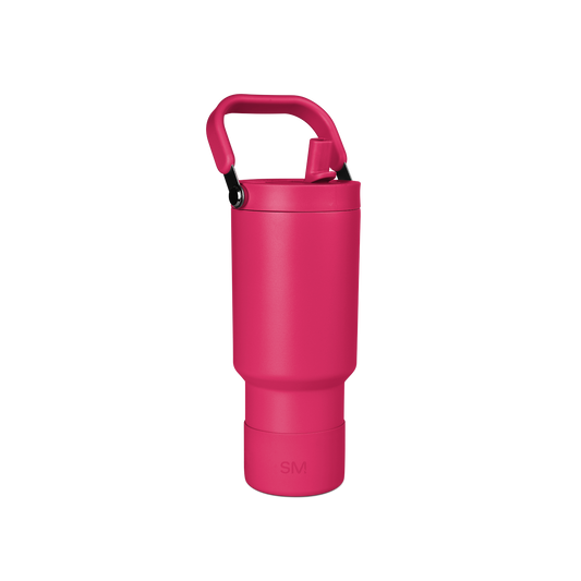 Bright hot pink water bottle with a secure screw-on cap and comfortable grip handle, displayed against a white background.