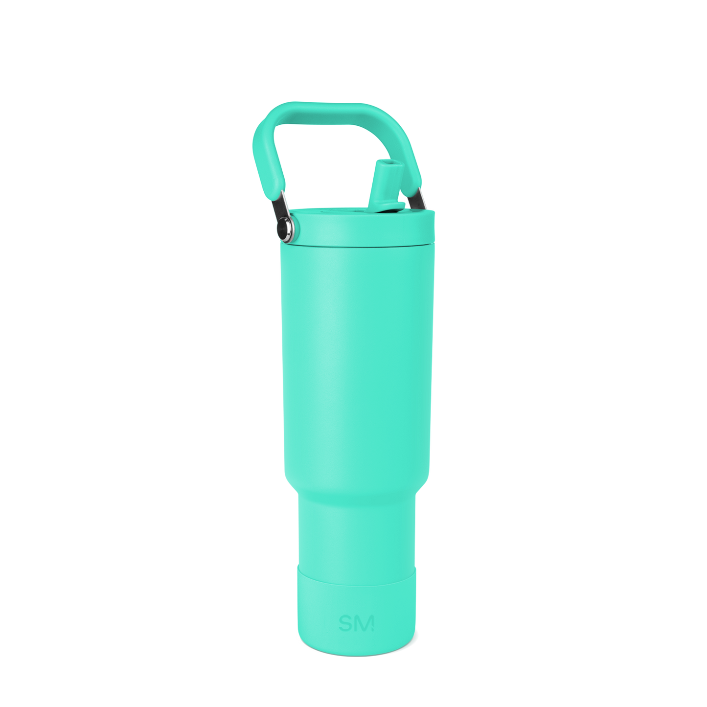 Turquoise insulated water bottle with cylindrical body and matching cap on white background