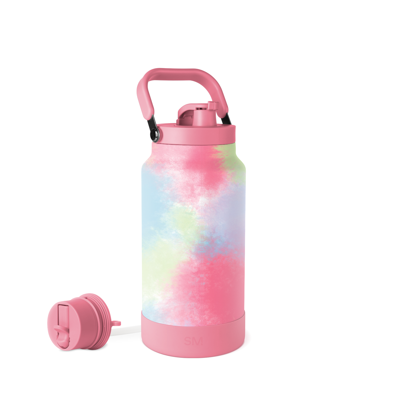 Pastel tie-dye water bottle with soft pink, light blue, and pale yellow blends, featuring a rose pink cap and carry handle.