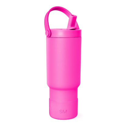 Vibrant hot pink insulated bottle with smooth surface finish, full view of cylindrical drinkware product against white background.