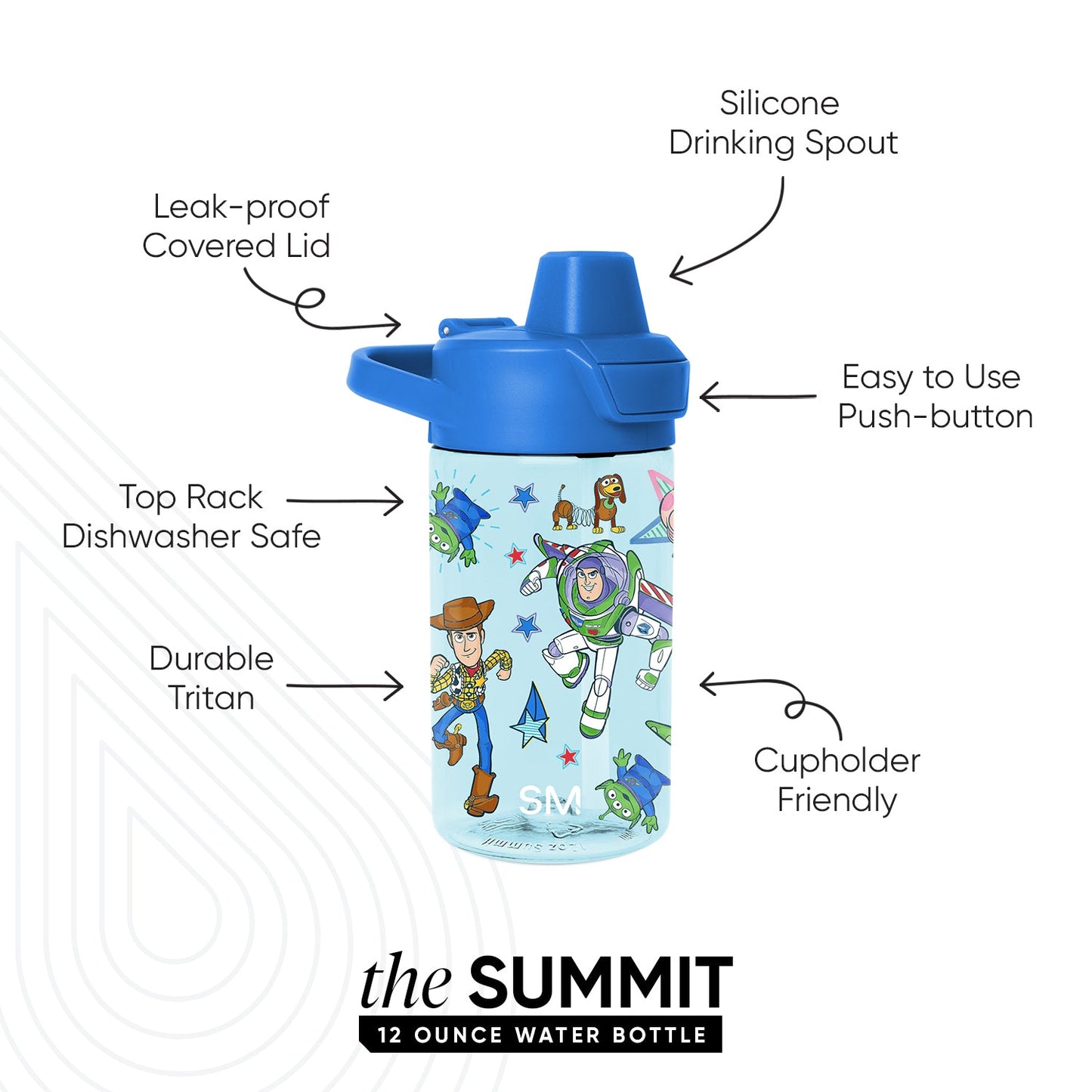 Light blue water bottle with royal blue lid and spout assembly, featuring a label design against a white background
