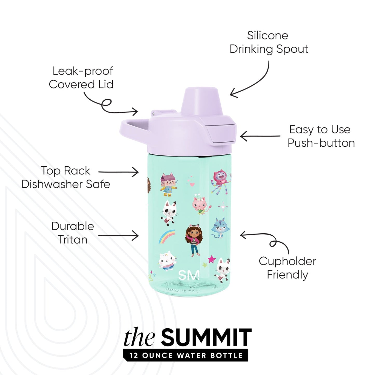 Soft mint green water bottle with pale lavender lid and drinking spout on white background